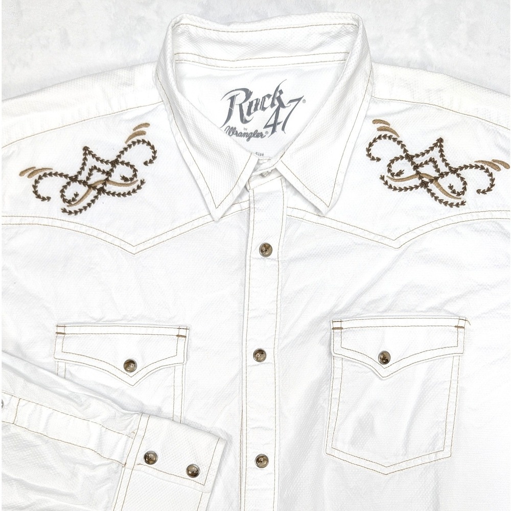 Wrangler Rack 47 Western Shirt Men's XL White Embroidered Pearl Snap Long Sleeve